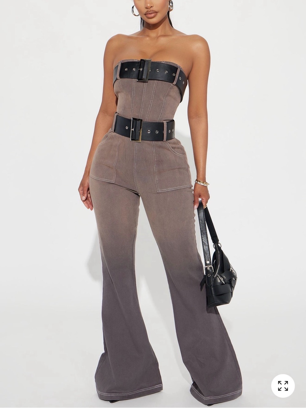 Fashion Nova Brown Strapless Boot-Cut Jumpsuit with Black Belt - Picture 2 of 2